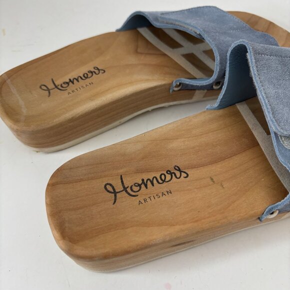 Homers Artisan Wood Sandals Blue Suede size 39 US 9 - Picture 3 of 9